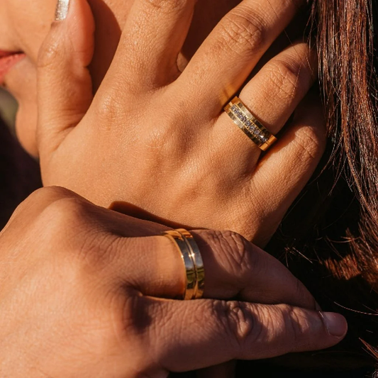 Gold Couple Wide Zircon Promise Band Ring Set